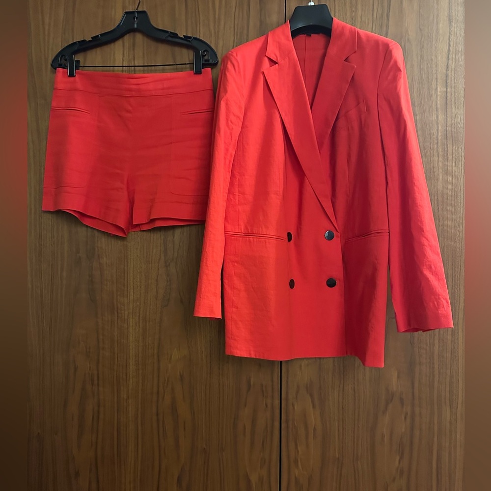 Theory Red Double-Breasted Blazer with Matching Shorts